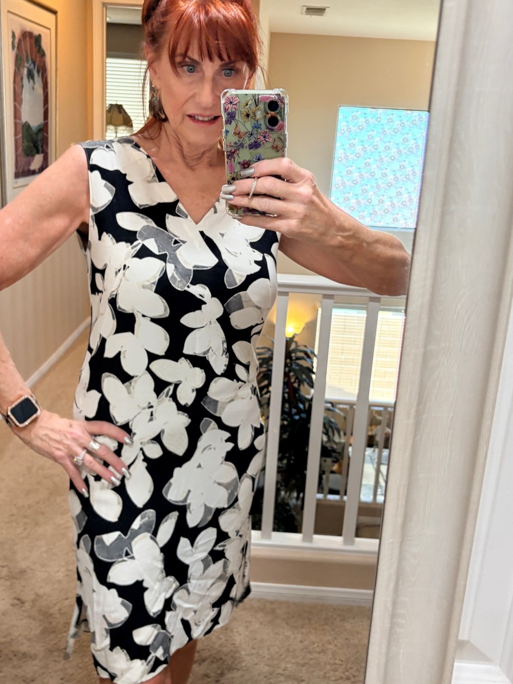 Akris Punto Sleeveless Black White Silk Blend Floral Print Midi Sheath Dress 8